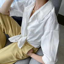 Aunt Cui custom minimalist Half sleeve white shirt female lazy style retro thin loose POLO collar summer