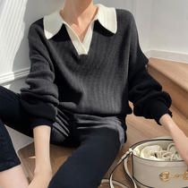 Aunt Choe customize the minimalist beauty polo collar black and white Coloured sweater women turn out to be lazy outside wearing a needled sweatshirt