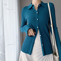 Cui Aunt Cui custom paper people Ice Silk long sleeve blue knitted cardigan thin female summer slim temperament POLO collar