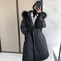  Aunt Cui customized classic hooded big hair collar 90 white duck down down jacket womens mid-length fashion jacket winter