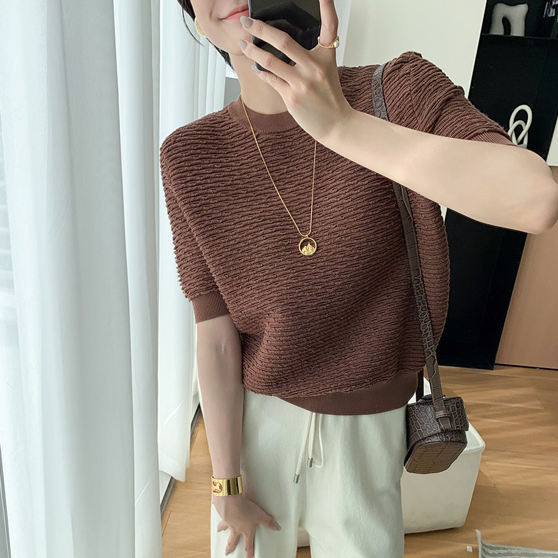 Choi Aunt Custom Water Corrugated Sweater Cotton Spinning Loose 50% Bubble Sleeves Round Collar 100 hitch bottom jacket Women's autumn