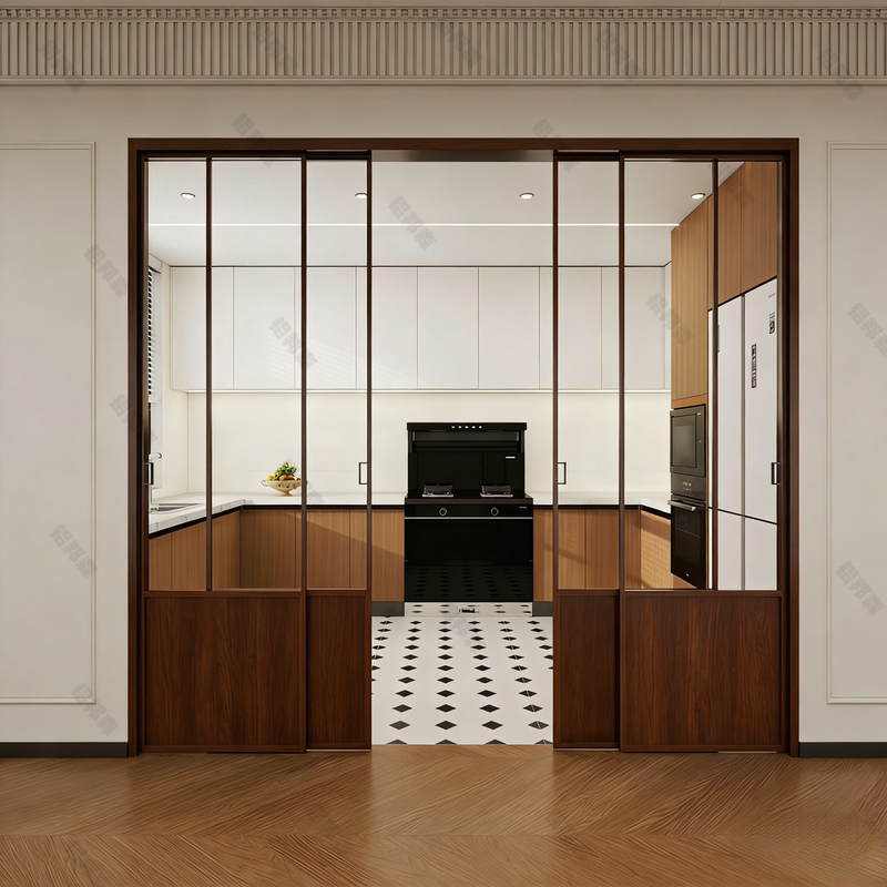 Kitchen Glass Sliding Door, Balcony Bedroom Three-Way Sliding Door, Hidden Pocket Door, Titanium Magnesium Alloy Glass Door