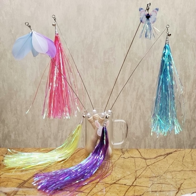 Beautiful funny cat stick wooden rod wire tassel color streamer feather butterfly flying through replacement head DIY solid wood handle