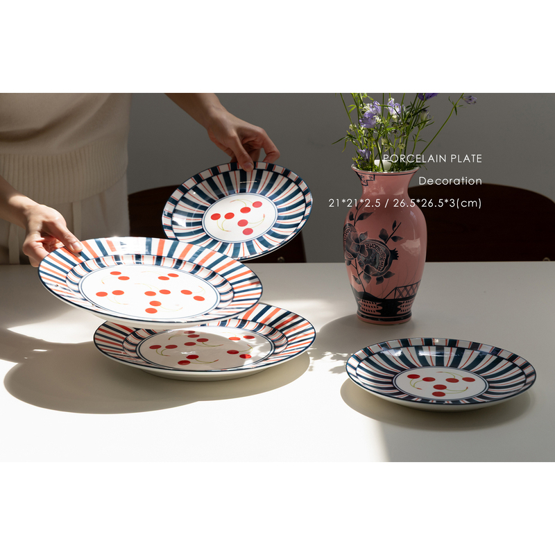 Ruonai, Lively French Style! Classic Red, White, and Blue Cherry Hand-Painted Ceramic Dinner Plates, Stacked in Different Sizes for Jewelry Storage