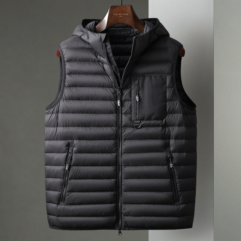 Winter New Style Black Hooded Lightweight Duck down Vest for Middle-Aged Men, Business Short Vest Jacket