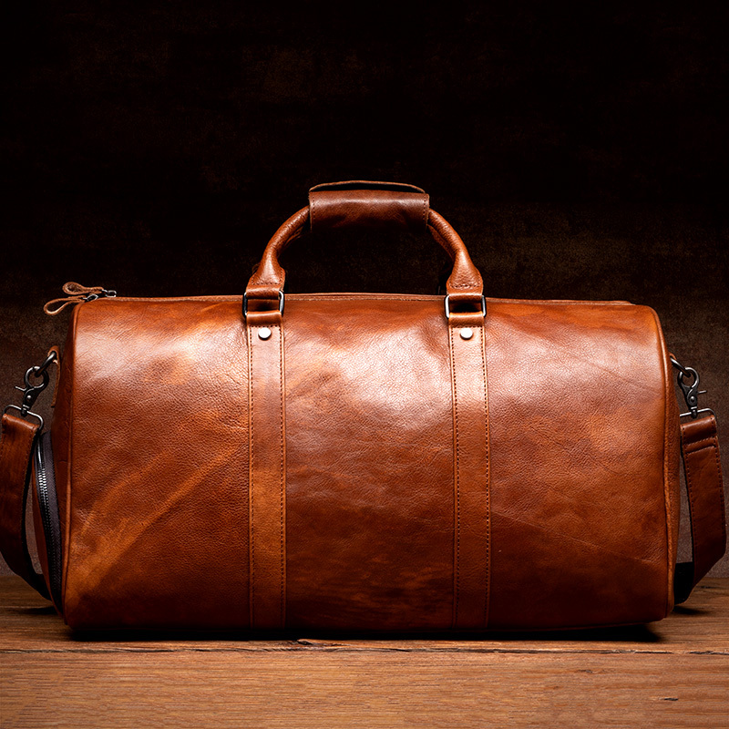 Slow Time Vegetable-Tanned Leather Business Travel Bag, Large-Capacity Genuine Leather Luggage Bag, Business Trip Handbag, Computer Bag