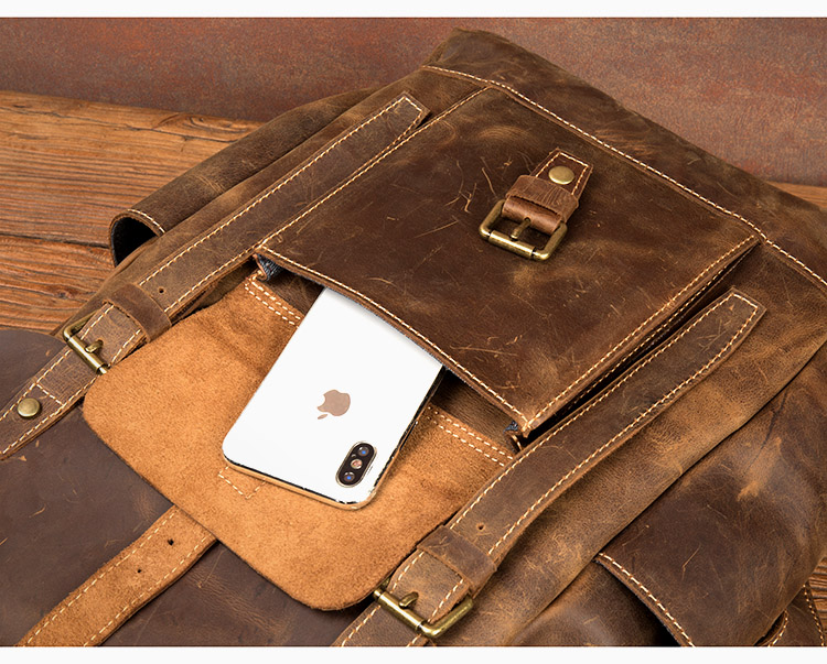 Front Pocket of Woosir Brown Leather Backpack with Laptop Sleeve