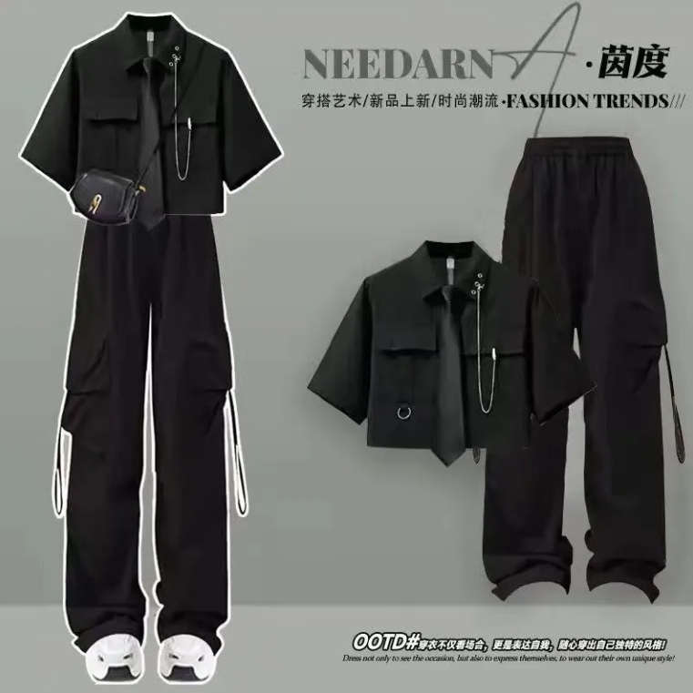 Summer Sweet and Cool Outfit for Students, Korean Style Loose Workwear Design Shirt, Handsome Workwear Pants, Unisex Two-Piece Set