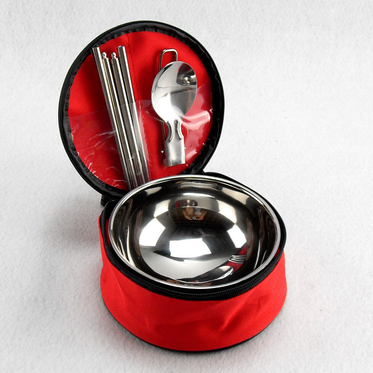 Mini stainless steel tableware set Single pack folding spoon chopsticks Double insulation bowl Outdoor camping portable bowl bag