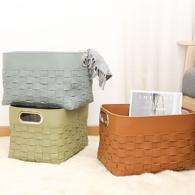 Saddle Leather Woven Storage Basket Organizer, Light Luxury Style, High Aesthetic Value, Dirty Clothes Basket, Snack and Miscellaneous Basket