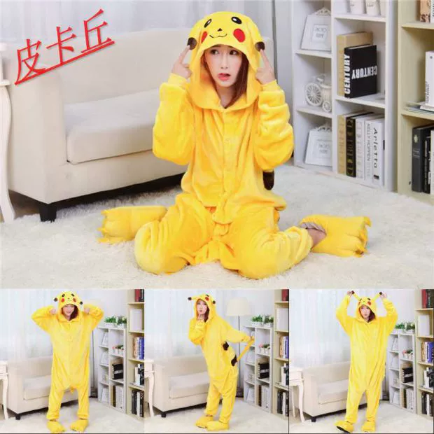 Động vật nam và nữ kết hợp đồ ngủ liền kề jumpsuit bộ trang phục Pikachu Farah nhung phiên bản nhà vệ sinh Chinchilla đường kho báu đồ bộ nam