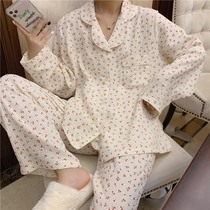 ins Sweet Little Cherry~Japanese courtyard wind Pure cotton gauze pajamas female spring and autumn long sleeves can be worn outfit