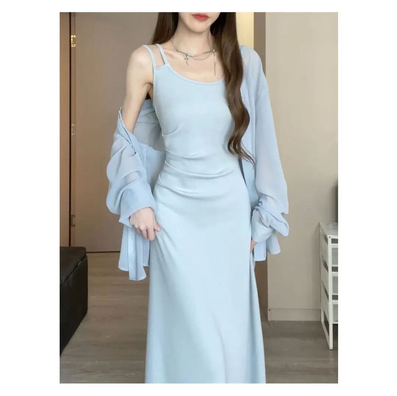 Matsumoto Sosang Spaghetti Strap Dress for Women, Summer Basic Versatile Slim-Fit Waist-Cinching Slimming Long Dress, Sexy Bodycon Skirt