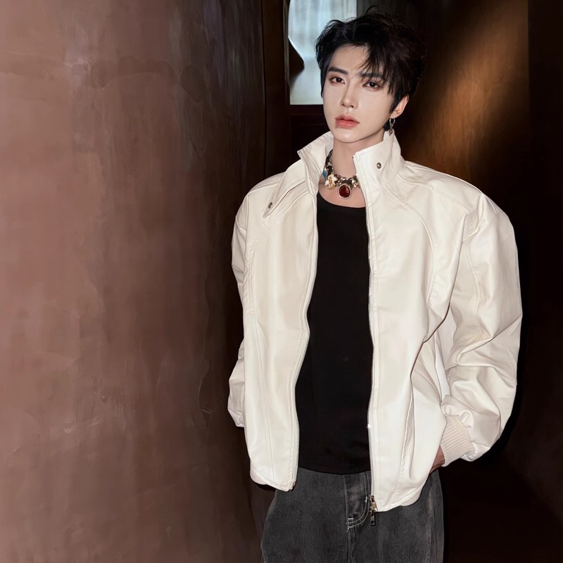 White Short Padded Shoulder Jacket for Men, High-End, Cool and Loose Design, Oversized Biker Pu Leather Jacket with Stand Collar