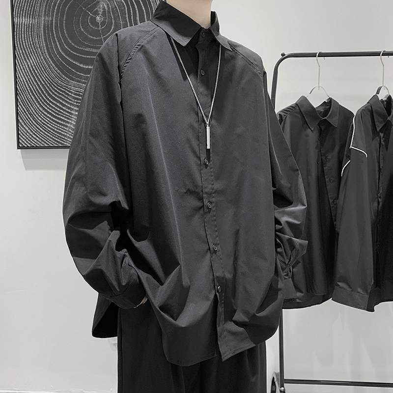Work Shirt for Men, Korean Style, Loose Fit, Trendy Long-Sleeve Solid Color Shirt, Dark Style, Minimalist Trendy Shirt Top