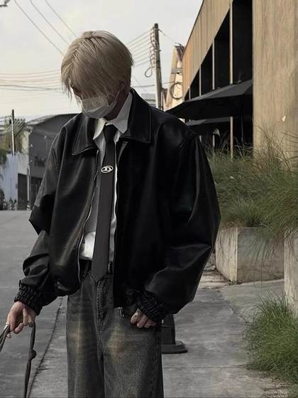 cleanfit黑色皮衣外套男秋冬痞帅高级感潮牌短款pu皮垫肩夹克上衣