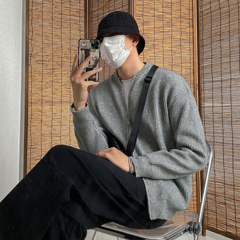 High-End Double-Zip Cardigan Sweater for Men, Autumn and Winter Korean Style Trendy Loose Lazy Style Baseball Collar Knit Jacket