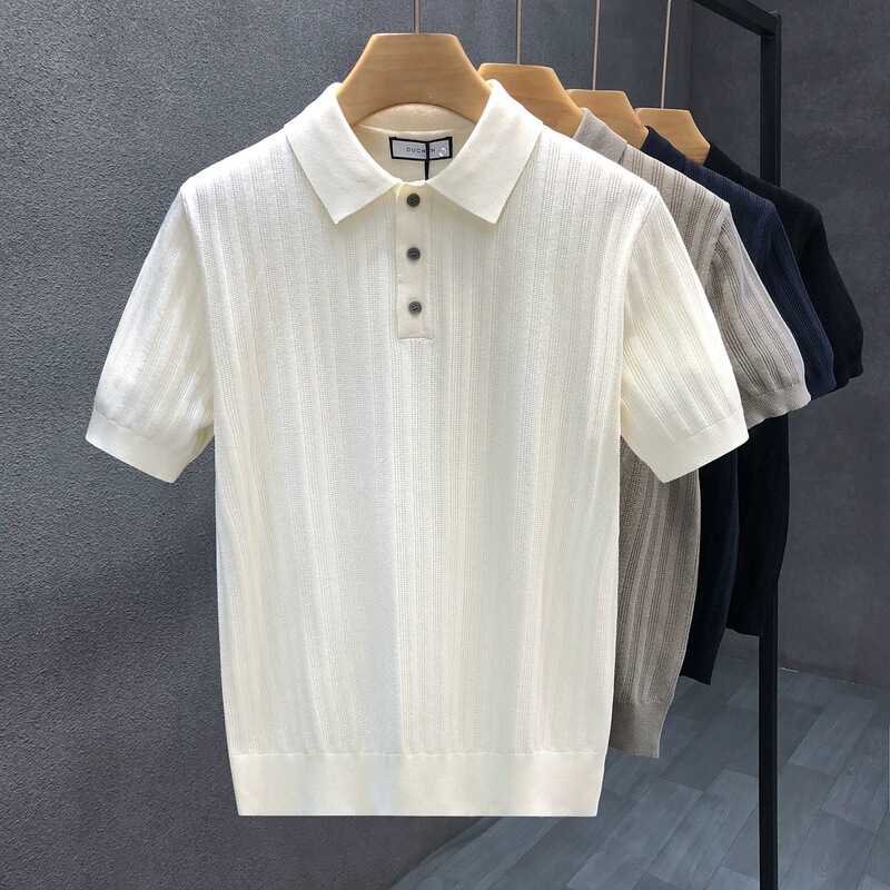 Light Mature Style Simple Jacquard Short-Sleeved Sweater for Men Spring and Summer New Trendy Lapel Half-Sleeved Sweater Men's T-Shirt