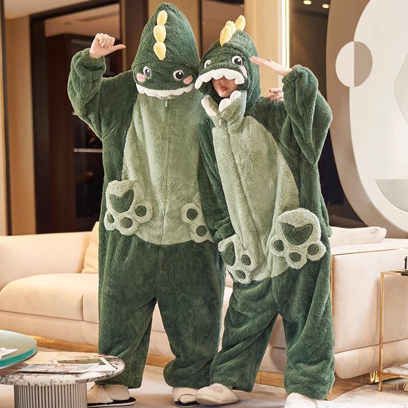 Couple One-Piece Pajamas for Men in Autumn and Winter Coral Velvet Thickeneded Cute Cartoon Dinosaur New Girls Flannel Home Clothes