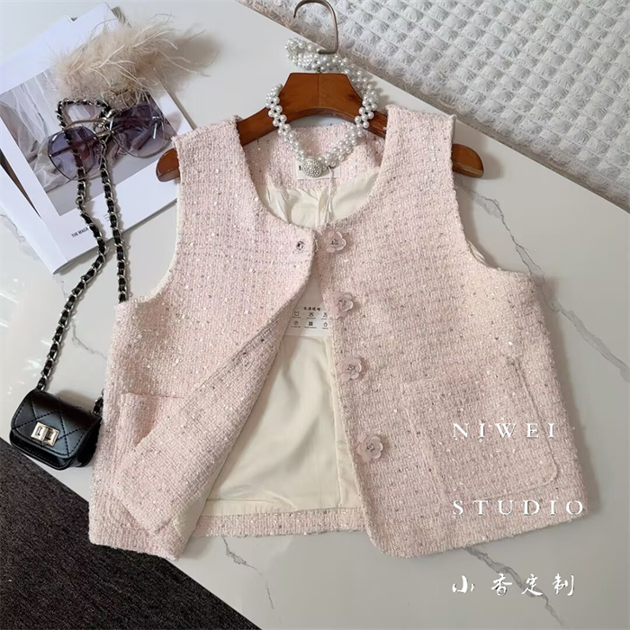 Chanel-Style Vest for Women, Summer New Model, Round Neck, Single-Breasted, Tweed with Sequins, High-End Feel, Unique Vest