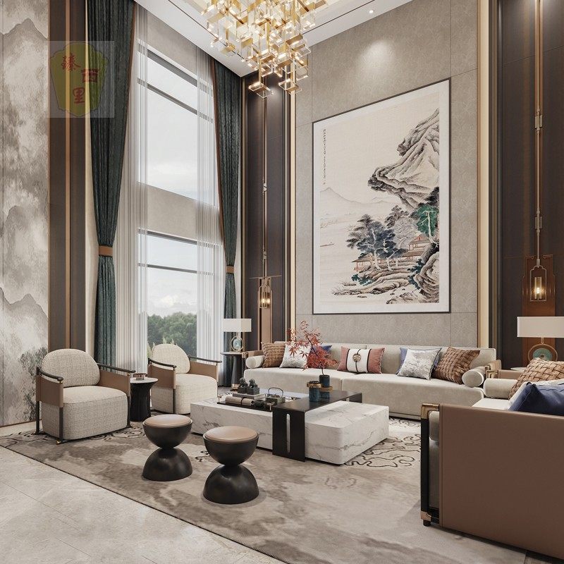 Model room large flat villa club furniture custom modern light luxury new Chinese style solid wood sofa combination fabric