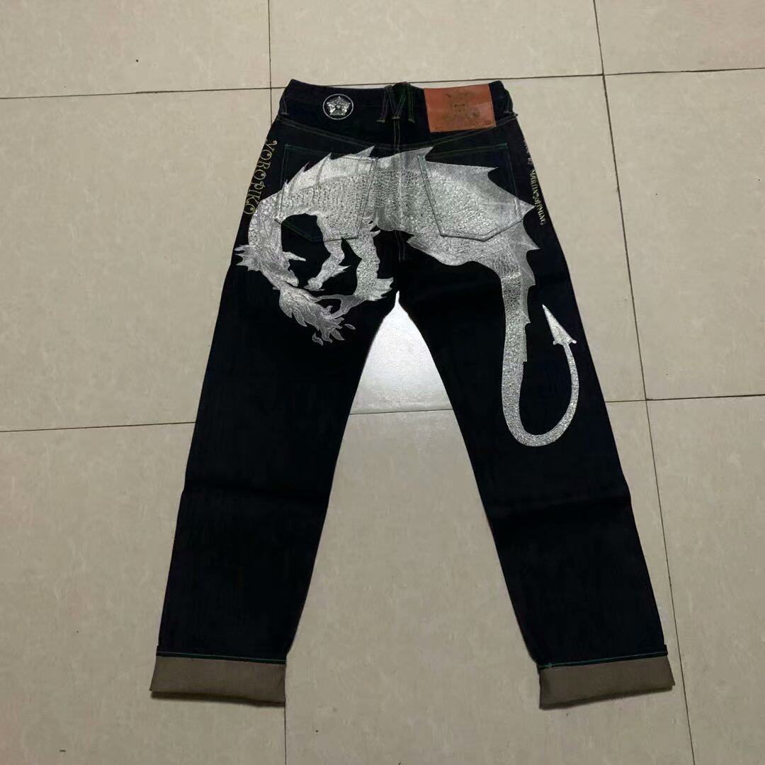 Silver Dragon Fire Dragon Mid Waist Button STRAIGHT CYLINDER CUT Straight Drum Cut with unreins Original Bull Bareear Delicate Embroidered Men's Jeans