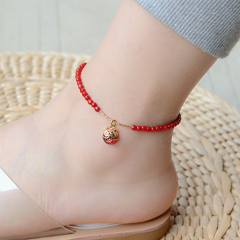 Strawberry crystal garnet tourmaline 14k gold bell cute student female transfer anklet sweet sexy retro ankle