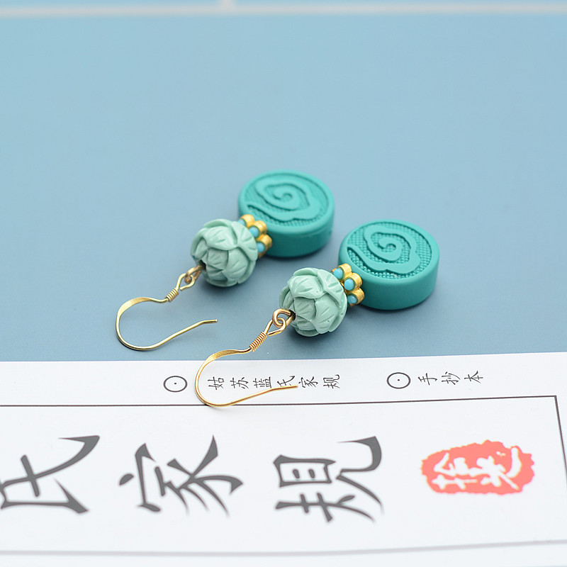 Earrings women's retro ethnic style net red women's sterling silver new trendy imitation turquoise beeswax long earrings earrings