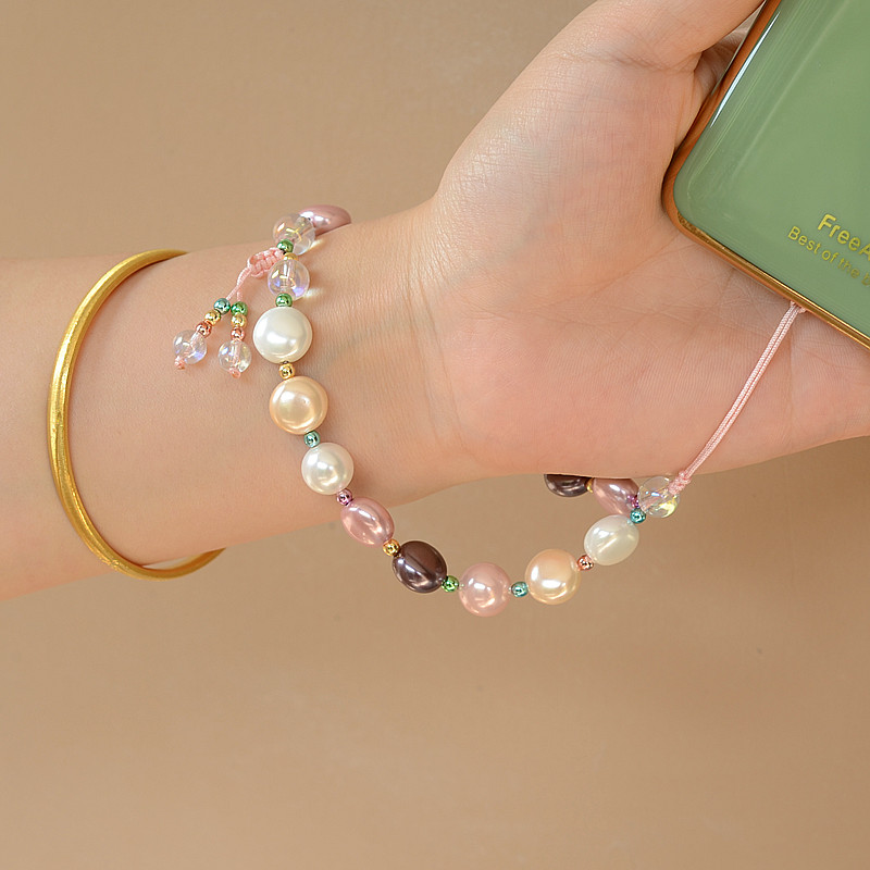 Mobile phone lanyard lanyard short wrist crystal chain beads pearl mobile phone pendant female pendant wrist anti-lost work card key