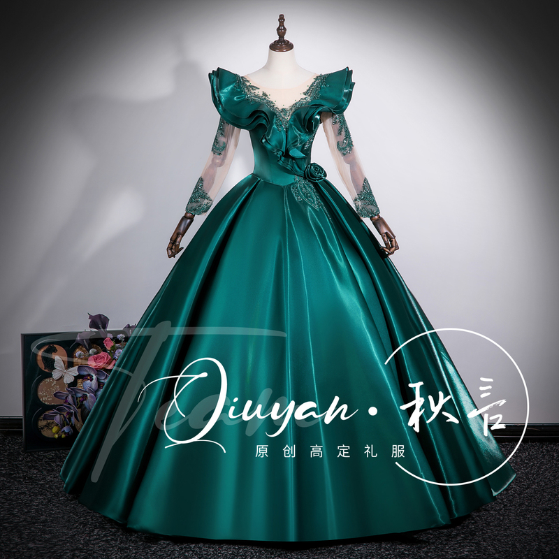 Dark Green Satin Long-Sleeve Evening Dress for Vocal Solo Performance, Music Exam, Tutu Skirt, Coming-Of-Age Ceremony, Annual Meeting Host Dark Green Satin Long-Sleeve Evening Dress for Vocal Solo Performance, Music Exam, Tutu Skirt, Coming-Of-Age Ceremony, Annual Meeting Host