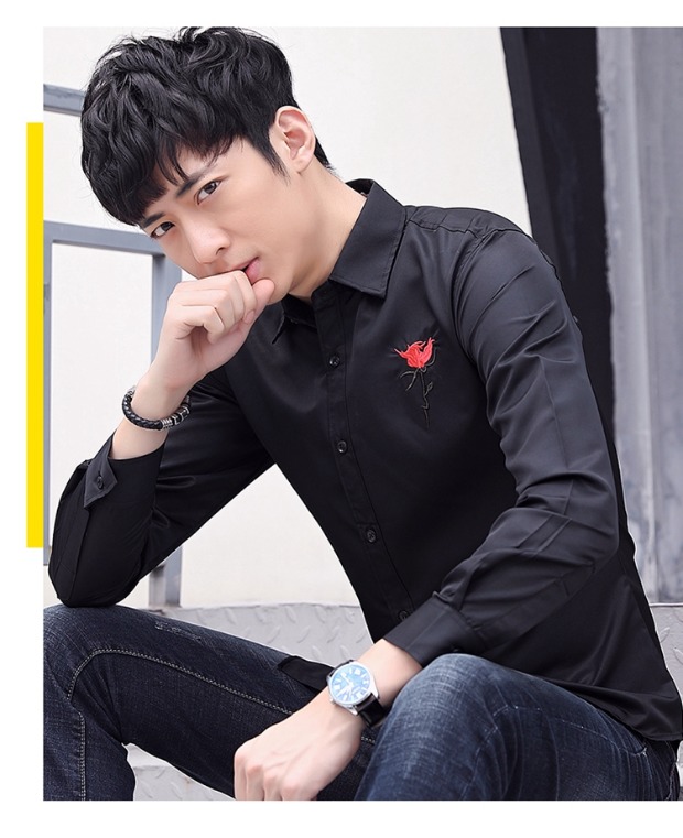 Áo sơ mi nam mùa thu dài tay thon dài thêu áo sơ mi trắng giản dị kinh doanh xu hướng áo sơ mi nam áo sơ mi nam đen
