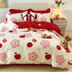 High-end Chinese wedding four-piece set, bright red pure cotton bed sheets and quilt cover, pure cotton wedding bedding, wedding room wedding quilt