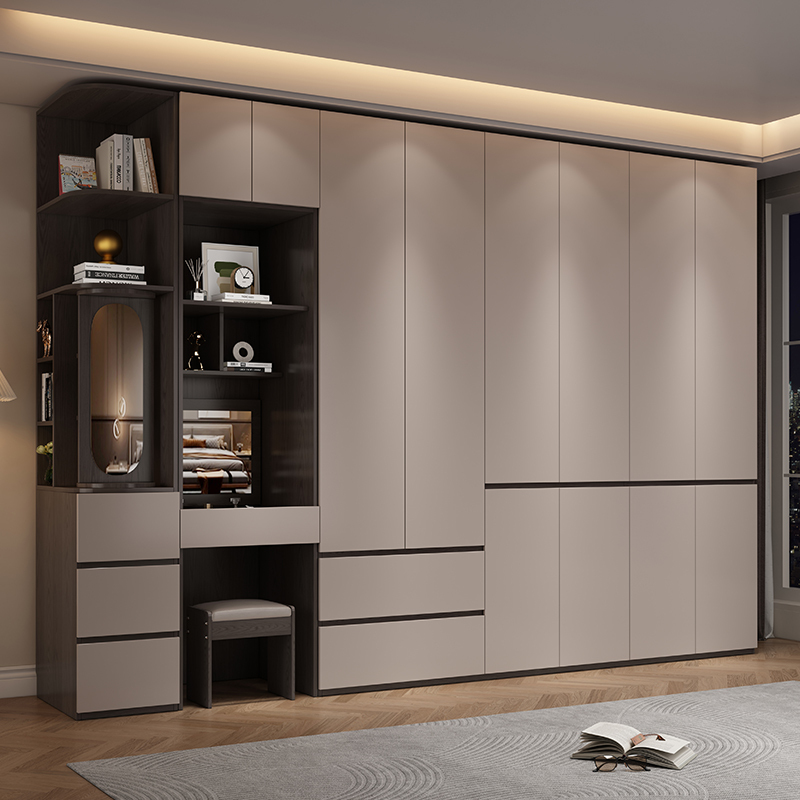 Foshan Home Bedroom Wardrobe with Segmented Flat Doors, Simple Gray Wooden Large Wardrobe, 2026 New Model Cabinet