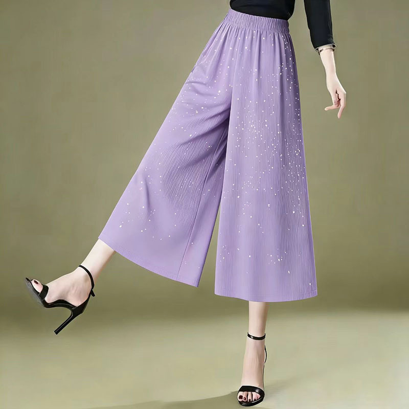 L2026 Summer Fashion Ribbed Starry Sky Wide-Leg Capri Pants for Women, Mom's Wear, Draped Casual Loose Skirt Pants for Women