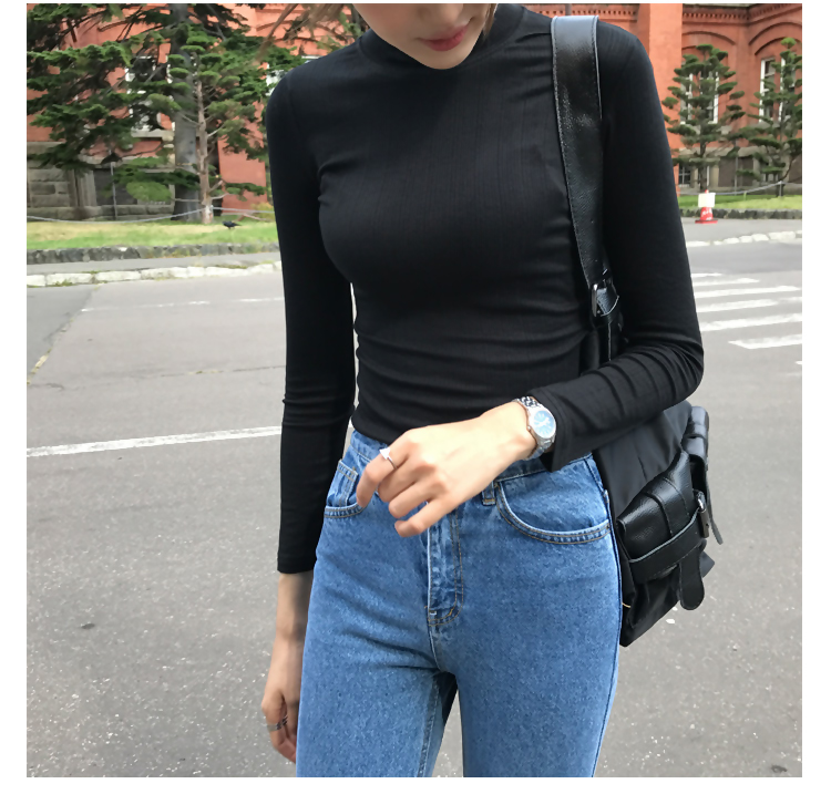 Áo thun cotton dài tay nữ nửa cổ thon gọn Cơ thể bó sát bên trong chiếc áo cổ lọ màu đen hoang dã Áo sơ mi nữ đầu xuân - Cộng với kích thước quần áo áo khoác nữ form rộng