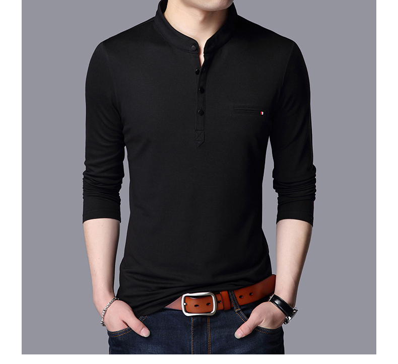 Áo thun nam tay dài mùa xuân và mùa thu nam cổ áo cổ áo Trung Sơn cổ áo t 桖 phiên bản trẻ Hàn Quốc của chiếc áo thủy triều chạm đáy áo phông trắng nam