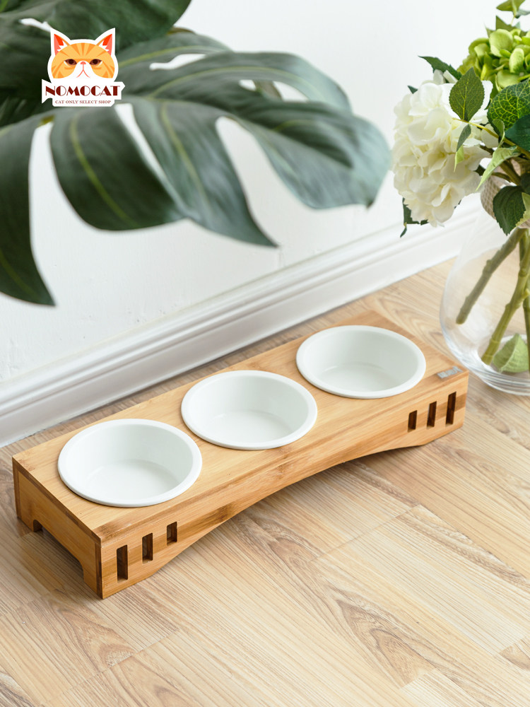 Cat bowl Double bowl Bamboo solid wood frame Cat supplies rice bowl Ceramic bowl Cat food bowl Pet dog bowl Cat food bowl
