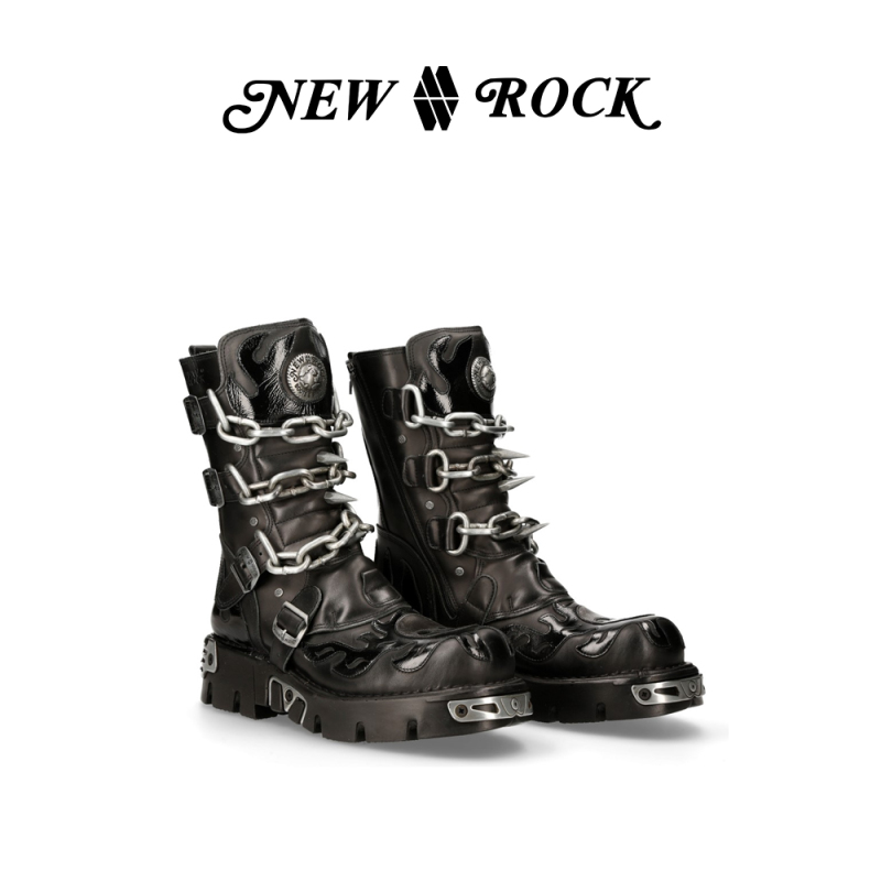 New Rock Official Genuine Metal Rivet Chain Distressed Punk Rock Biker Genuine Leather Thick-Soled Boots for Men and Women