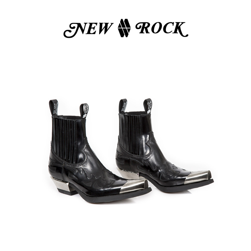 New Rock Official Genuine Spanish Handmade Distressed Leather Retro Metal Toe Western Chelsea Cowboy Boots