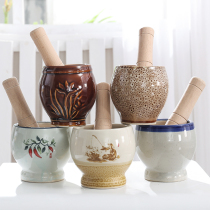 Household ceramic garlic mortar Garlic pasher Garlic puree Crushing grinding stone mortar Garlic mortar Manual smashing garlic pot ring bowl