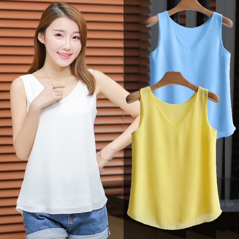 Summer Double-Layer Chiffon V-Neck Tank Top for Women, Sleeveless, Loose, Bf Style, Versatile Solid Color Outerwear, Base Layer Camisole