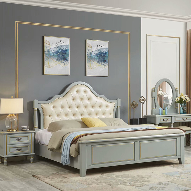Light luxury bed gray American solid wood bed 18 meters big bed master bedroom modern minimalist double luxury air pressure wedding bed