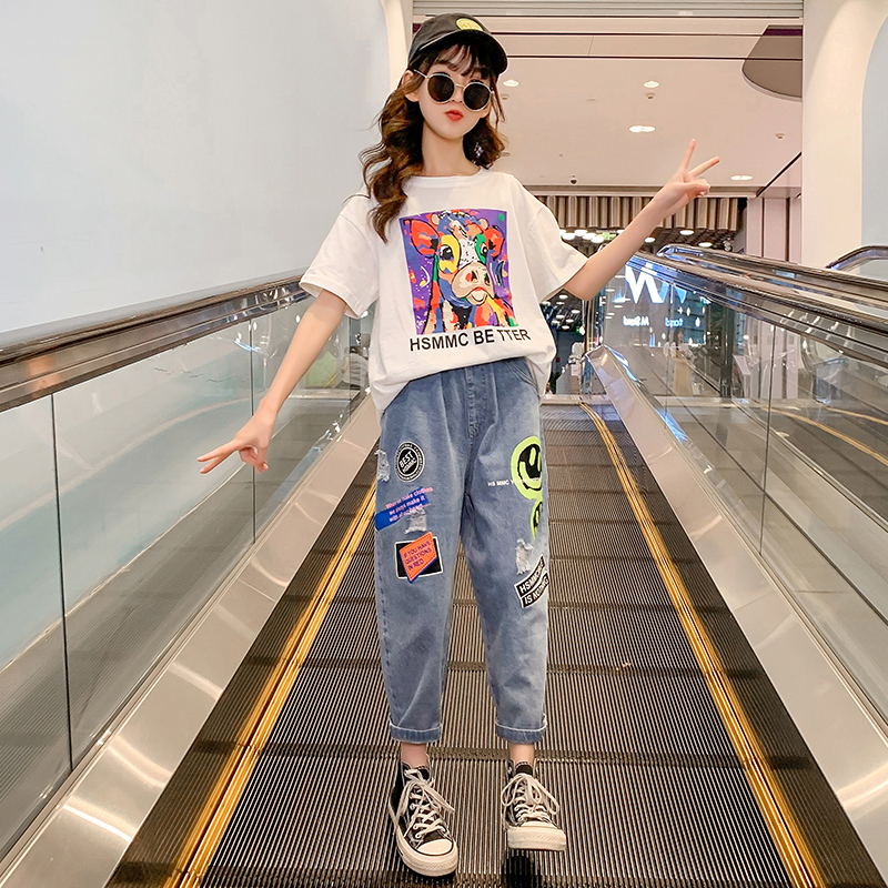 Girls Summer Suit 2022 New Korean Version Fun Kids Short Sleeve Thin Summer Sports Two-Piece Set