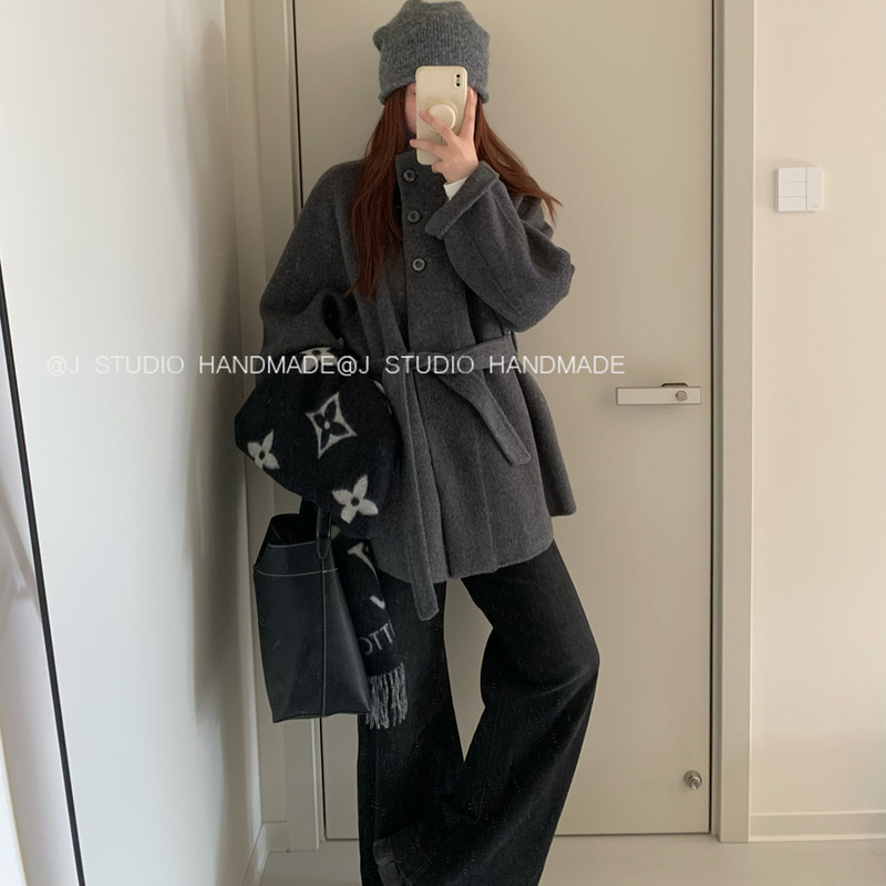 J Studio2025 New Style Stand-Up Collar Hidden Placket Mid-Length Wool and Cashmere Double-Sided Woolen Coat with a Sense of Design