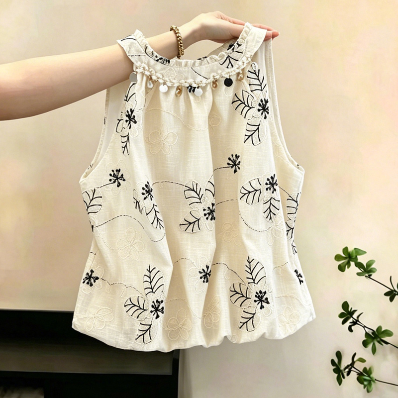 Korean-Style Sequined Jacquard Stylish Sleeveless Top for Women, New Summer Design with Back Tie, Slimming Shirt