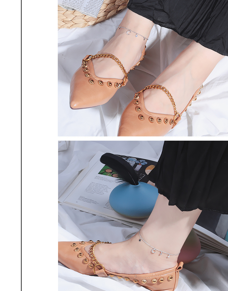 S925 sterling bạc vòng chân nữ phiên bản Hàn Quốc của sinh viên đơn giản Sen retro ngôi sao mặt trăng chuông tua chuỗi mắt cá chân gợi cảm lắc chân