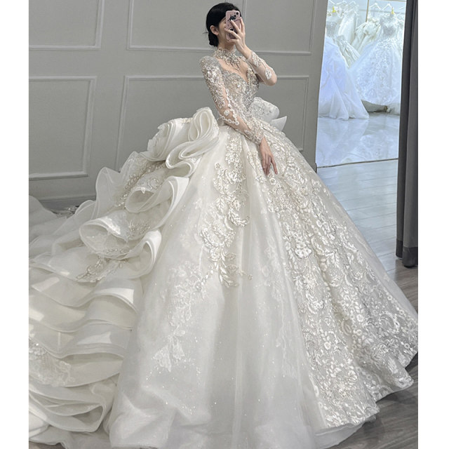 Long-sleeved main wedding dress 2023 new bride 2024 trailing starry sky little person autumn and winter retro palace style heavy industry