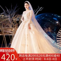Long-sleeved wedding dress 2021 new bride Hepburn word shoulder long tail Sen department champagne color female simple shaking sound