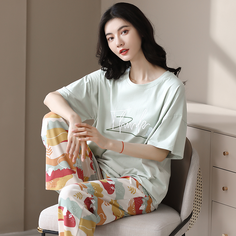 Modal pajamas women's spring and summer round neck short-sleeved trousers suit printing loose Korean version thin home service two-piece set