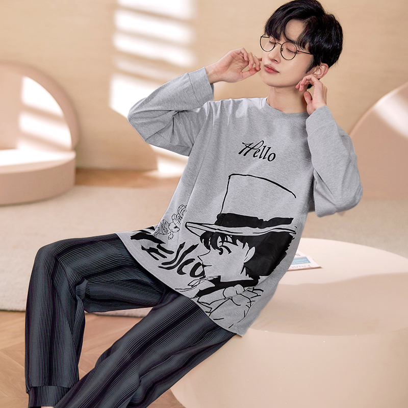 Men's pajamas long-sleeved trousers cotton autumn and winter high-end round neck youth loose Korean version thin homewear suit